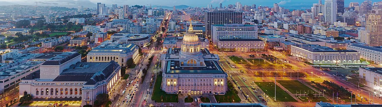 San Francisco City Hall as seen from 100 Van Ness at dusk (wide) in San Francisco, California
